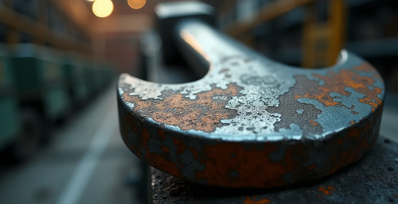 Détail en macro d'une surface métallique révélant des microfissures invisibles à l'œil nu