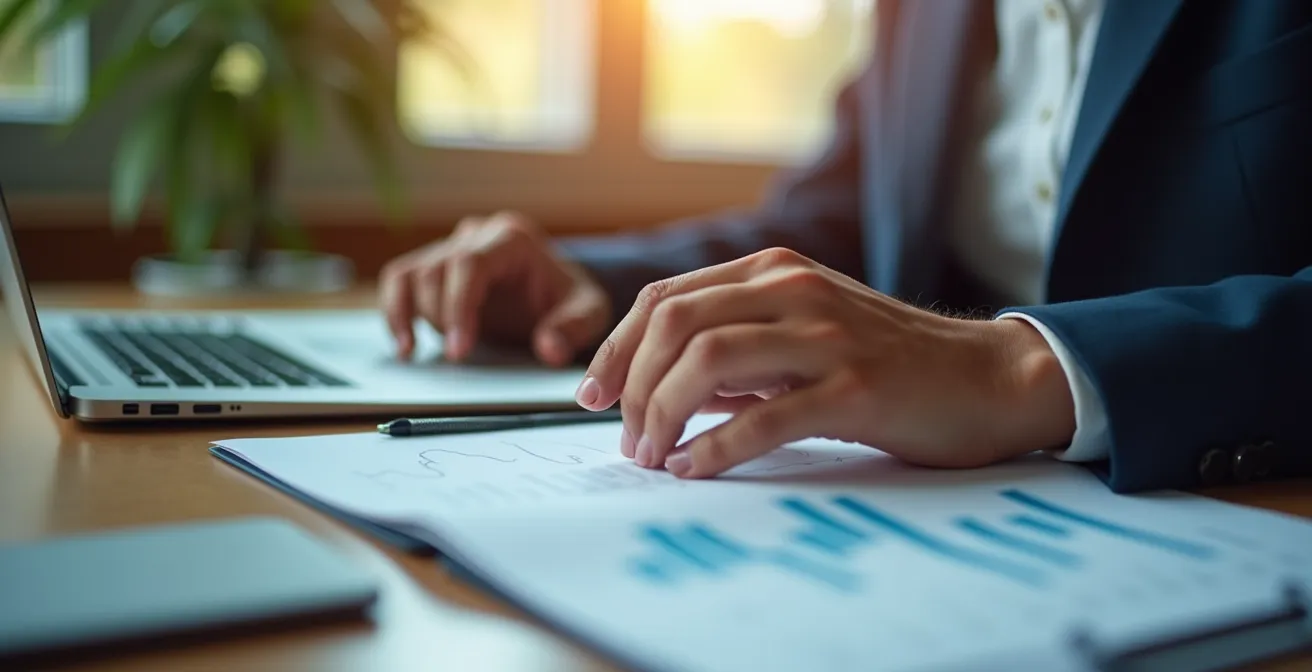 Mains d'un professionnel analysant des données sur une surface de travail moderne