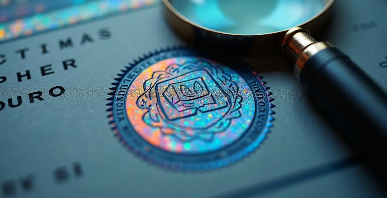 Vue macro d'une loupe analysant des détails de sécurité sur un document officiel