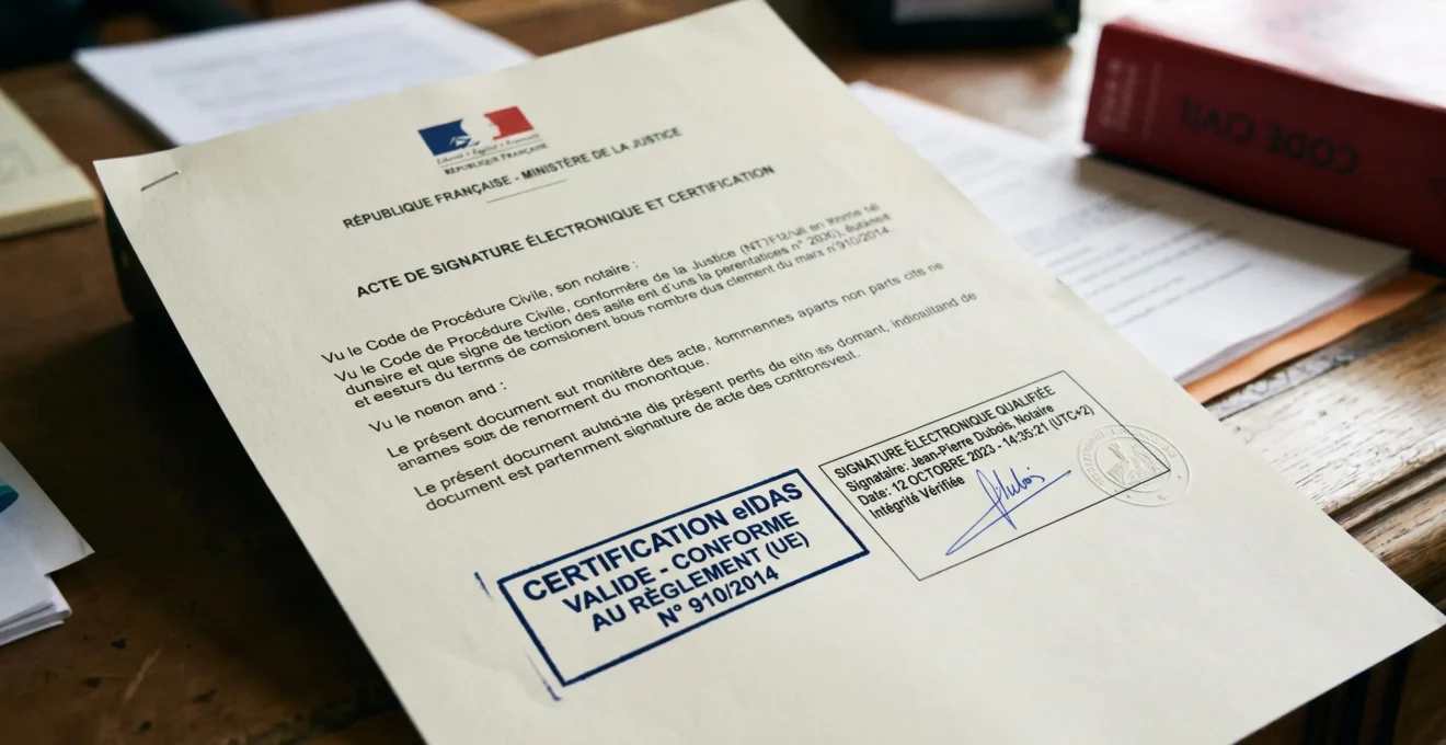 Document officiel français affichant un sceau de certification eIDAS et horodatage de signature électronique valide