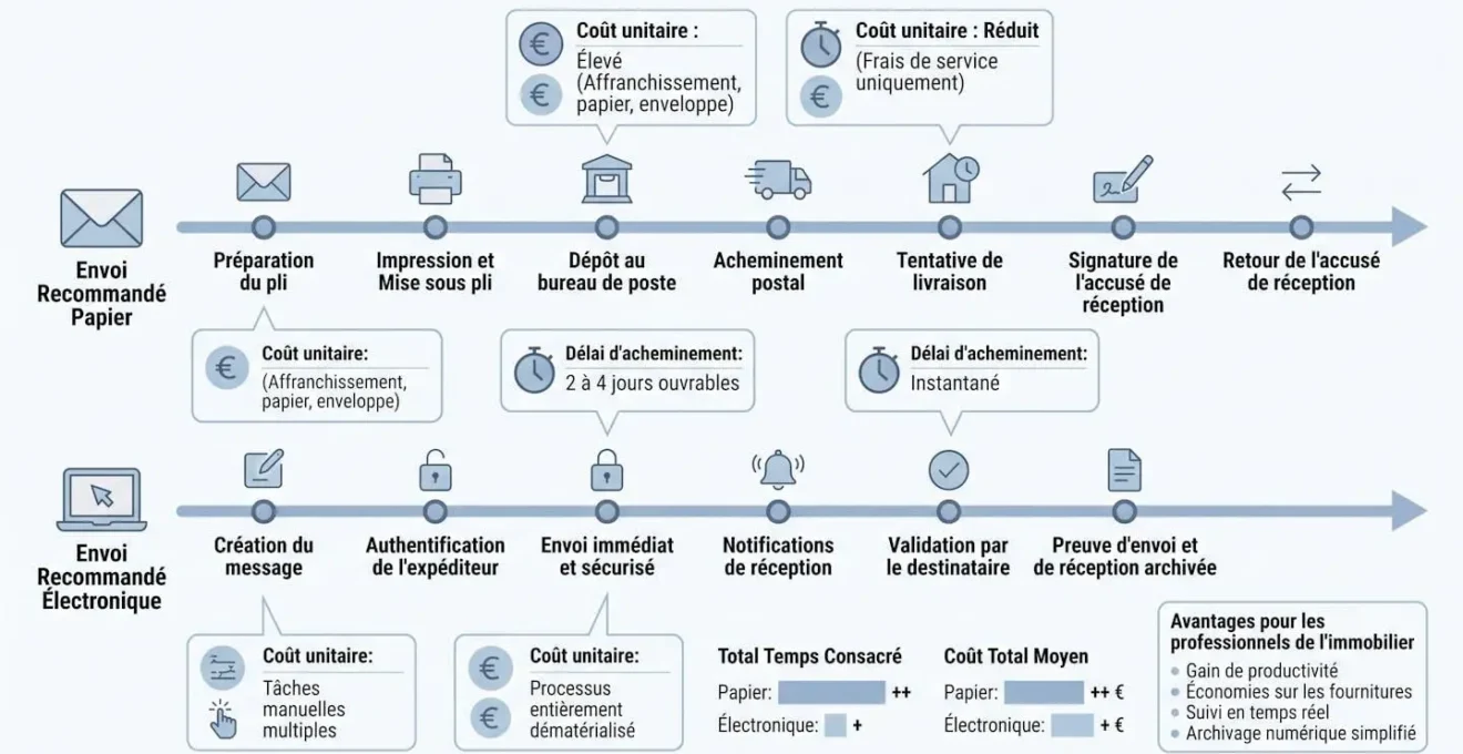 Infographie comparative horizontale des coûts et délais entre LRAR papier et e-recommandé pour professionnels immobiliers