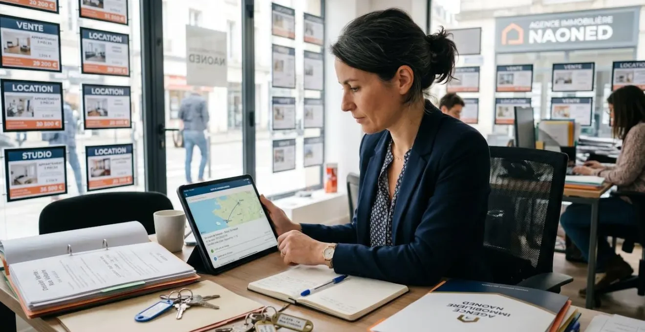 Professionnelle de l'immobilier consultant un tableau de bord numérique d'envois recommandés sur tablette dans son agence