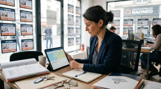 Professionnelle de l'immobilier consultant un tableau de bord numérique d'envois recommandés sur tablette dans son agence